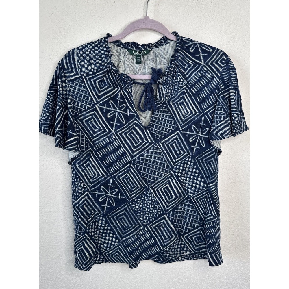Ralph Lauren Women's Blue Geo-Print Jersey Tie-Neck Top L Peasant Cottagecore